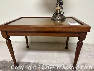MaxSold Auction: Traditional Antique Brass Swing-Arm Table Lamp with Fabric Shade and Wood side table - Alexandria (Virginia, USA) SELLER MANAGED Downsizing Online Auction - Fort Worth Avenue