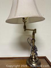 MaxSold Auction: Traditional Antique Brass Swing-Arm Table Lamp with Fabric Shade and Wood side table - Alexandria (Virginia, USA) SELLER MANAGED Downsizing Online Auction - Fort Worth Avenue