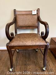 MaxSold Auction: Victorian Traditional Wooden Office Chair on casters, Tan Faux Leather Seat - Alexandria (Virginia, USA) SELLER MANAGED Downsizing Online Auction - Fort Worth Avenue