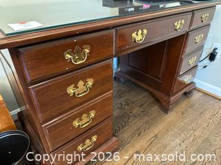 MaxSold Auction: Vintage Mid-Century Wood Office Desk with Glass Top - Alexandria (Virginia, USA) SELLER MANAGED Downsizing Online Auction - Fort Worth Avenue