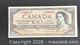 MaxSold Auction: 1954 Cdn. Queen Elizabeth II 100 Dollars Paper Banknote  - Newmarket (Ontario, Canada) PARTNER MANAGED Reseller Online Auction - Walter Avenue