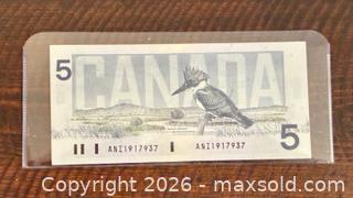 MaxSold Auction:  1986 Cdn. Prime Minister Sir Wilfrid Laurier 5 Dollars Paper Banknote  - Newmarket (Ontario, Canada) PARTNER MANAGED Reseller Online Auction - Walter Avenue