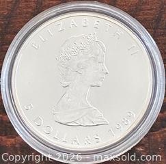 MaxSold Auction: 1989 Cdn. Silver Maple Leaf Bullion 5 Dollars  - Newmarket (Ontario, Canada) PARTNER MANAGED Reseller Online Auction - Walter Avenue
