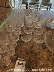 MaxSold Auction: Clear Etched Floral Glassware Set — Coupes, Tumblers & Pitcher - Saanich (British Columbia, Canada) PARTNER MANAGED Moving Online Auction - Limerick Lane