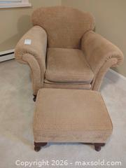 MaxSold Auction: Traditional Tan Fabric Chair with Ottoman, Wood Frame - Saanich (British Columbia, Canada) PARTNER MANAGED Moving Online Auction - Limerick Lane