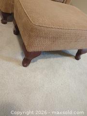 MaxSold Auction: Traditional Tan Fabric Chair with Ottoman, Wood Frame - Saanich (British Columbia, Canada) PARTNER MANAGED Moving Online Auction - Limerick Lane