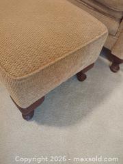 MaxSold Auction: Traditional Tan Fabric Chair with Ottoman, Wood Frame - Saanich (British Columbia, Canada) PARTNER MANAGED Moving Online Auction - Limerick Lane