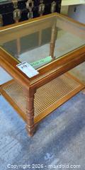 MaxSold Auction: Vintage Honey Oak Side Table with Glass Top & Cane Shelf - Saanich (British Columbia, Canada) PARTNER MANAGED Moving Online Auction - Limerick Lane