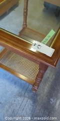 MaxSold Auction: Vintage Honey Oak Side Table with Glass Top & Cane Shelf - Saanich (British Columbia, Canada) PARTNER MANAGED Moving Online Auction - Limerick Lane