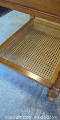 MaxSold Auction: Vintage Honey Oak Side Table with Glass Top & Cane Shelf - Saanich (British Columbia, Canada) PARTNER MANAGED Moving Online Auction - Limerick Lane