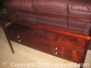 MaxSold Auction: SOFA TABLE WITH GLASS TOP, OPEN SHELF AND TWO DRAWERS - St. Catharines (Ontario, Canada) SELLER MANAGED Downsizing Online Auction - Allanburg Road South
