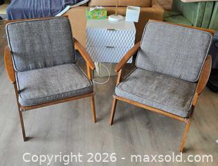 MaxSold Auction: Pair of Mid-Century Modern Wood Frame Armchairs, Gray Upholstery - San Jose (California, USA) SELLER MANAGED Downsizing Online Auction - Paladin Drive