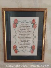 MaxSold Auction: Framed Cross-Stitch Lord's Prayer with Floral Motif, Gold Frame - Columbia (South Carolina, USA) SELLER MANAGED Estate Sale Online Auction - Greengate Drive