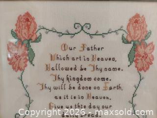 MaxSold Auction: Framed Cross-Stitch Lord's Prayer with Floral Motif, Gold Frame - Columbia (South Carolina, USA) SELLER MANAGED Estate Sale Online Auction - Greengate Drive