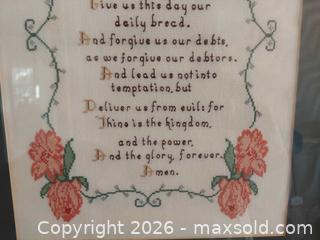 MaxSold Auction: Framed Cross-Stitch Lord's Prayer with Floral Motif, Gold Frame - Columbia (South Carolina, USA) SELLER MANAGED Estate Sale Online Auction - Greengate Drive