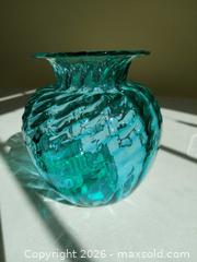 MaxSold Auction: Handblown Signed Aqua Teal Glass Vase, Swirled Ribbed - Columbia (South Carolina, USA) SELLER MANAGED Estate Sale Online Auction - Greengate Drive