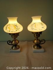 MaxSold Auction: Pair of Antique Brass & Marble Table Lamps with Hand-Painted Floral Shades - Columbia (South Carolina, USA) SELLER MANAGED Estate Sale Online Auction - Greengate Drive