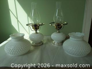 MaxSold Auction: Pair of Milk Glass Hobnail Victorian Table Lamps with Ruffled Shades - Columbia (South Carolina, USA) SELLER MANAGED Estate Sale Online Auction - Greengate Drive