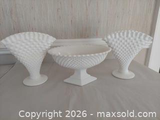 MaxSold Auction: Set of 3 White Milk Glass Hobnail Fan Vases and Compote - Columbia (South Carolina, USA) SELLER MANAGED Estate Sale Online Auction - Greengate Drive