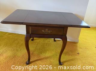 MaxSold Auction: Solid Wood Cherry Drop-Leaf End Table with Drawer - Columbia (South Carolina, USA) SELLER MANAGED Estate Sale Online Auction - Greengate Drive