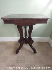 MaxSold Auction: Victorian Accent Table with Reddish Marble Top and Carched Wood - Columbia (South Carolina, USA) SELLER MANAGED Estate Sale Online Auction - Greengate Drive