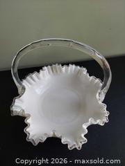 MaxSold Auction: Vintage Milk Glass Handled Ruffled-Edge Basket with Clear Trim - Columbia (South Carolina, USA) SELLER MANAGED Estate Sale Online Auction - Greengate Drive
