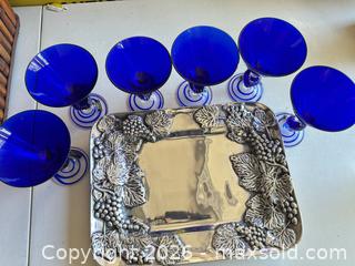 MaxSold Auction: Cobalt Blue Glass Stemware Set of 8 with Silver-Plated Serving Tray - Las Vegas (Nevada, USA) PARTNER MANAGED Estate Sale Online Auction - Bright Sun Court