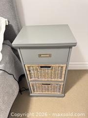 MaxSold Auction: Gray Modern Nightstand with 3 Drawers, Wicker & Painted Wood - King (Ontario, Canada) SELLER MANAGED Moving Online Auction - Wells Orchard Crescent