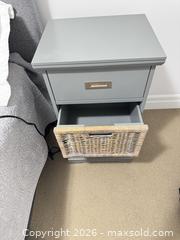 MaxSold Auction: Gray Modern Nightstand with 3 Drawers, Wicker & Painted Wood - King (Ontario, Canada) SELLER MANAGED Moving Online Auction - Wells Orchard Crescent