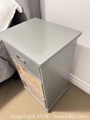 MaxSold Auction: Gray Modern Nightstand with 3 Drawers, Wicker & Painted Wood - King (Ontario, Canada) SELLER MANAGED Moving Online Auction - Wells Orchard Crescent