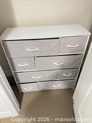 MaxSold Auction: Small Wood Dresser with 8 Beige/Light Gray Fabric Drawers - King (Ontario, Canada) SELLER MANAGED Moving Online Auction - Wells Orchard Crescent