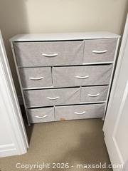 MaxSold Auction: Small Wood Dresser with 8 Beige/Light Gray Fabric Drawers - King (Ontario, Canada) SELLER MANAGED Moving Online Auction - Wells Orchard Crescent