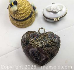 MaxSold Auction: 2 Vintage Trinket Pill Boxes Porcelain rose + Beehive Box + Cloisone Heart - Toronto (Ontario, Canada) PARTNER MANAGED Reseller Online Auction - Railside Road