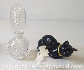 MaxSold Auction: 3 Vintage Glass Perfume Bottles Bohemian Etched Grapes Black Cat + Air De Temps - Toronto (Ontario, Canada) PARTNER MANAGED Reseller Online Auction - Railside Road