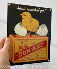 MaxSold Auction: Vintage Bon-Ami Porcelain Enamel Steel Advertising Sign “Hasn't Scratched Yet” By Ande Rooney - Toronto (Ontario, Canada) PARTNER MANAGED Reseller Online Auction - Railside Road
