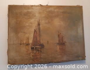 MaxSold Auction: ANTIQUE UNFRAMED OIL ON CANVAS PAINTING OF SHIPS AT SEA,WORN, SIGNED - Ottawa (Ontario, Canada) SELLER MANAGED Downsizing Online Auction - Maxime Street