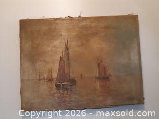 MaxSold Auction: ANTIQUE UNFRAMED OIL ON CANVAS PAINTING OF SHIPS AT SEA,WORN, SIGNED - Ottawa (Ontario, Canada) SELLER MANAGED Downsizing Online Auction - Maxime Street