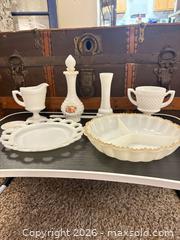 MaxSold Auction: Assorted Vintage Milk Glass Serving Set with Hobnail & Lace Rims - Wheatland (New York, USA) SELLER MANAGED Reseller Online Auction - State Street