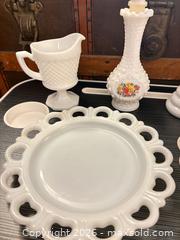 MaxSold Auction: Assorted Vintage Milk Glass Serving Set with Hobnail & Lace Rims - Wheatland (New York, USA) SELLER MANAGED Reseller Online Auction - State Street