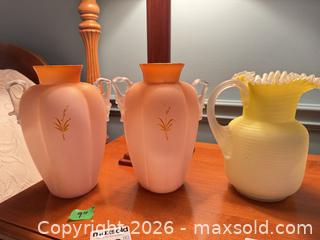 MaxSold Auction: Circa 1890 English Satin Glass Hand-Painted Floral Vases and Pitcher B - Niagara Falls (Ontario, Canada) Moving Online Auction - January Drive