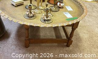 MaxSold Auction: Oriental Brass Tray Top Table with Wooden Base C - Niagara Falls (Ontario, Canada) Moving Online Auction - January Drive