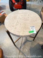 MaxSold Auction: Round Travertine Top Accent Side Table with Bronze Metal Base A - Niagara Falls (Ontario, Canada) Moving Online Auction - January Drive