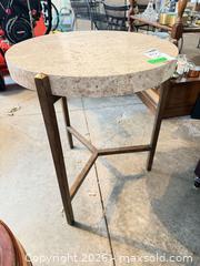 MaxSold Auction: Round Travertine Top Accent Side Table with Bronze Metal Base A - Niagara Falls (Ontario, Canada) Moving Online Auction - January Drive