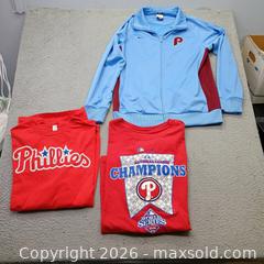 MaxSold Auction: Phillies lot 3 items jacket and shirts  - Waterford (New Jersey, USA) SELLER MANAGED Downsizing Online Auction - Chew Road (STORAGE)