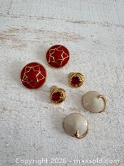 MaxSold Auction: Nina Ricci Jewelry Earring Lot - Three Pairs, Clip on, Gold Tone with Red and Cream Accents - Kingston (Ontario, Canada) SELLER MANAGED Downsizing Online Auction - Bishop Street