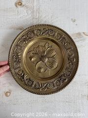 MaxSold Auction: Vintage Brass Wall Hanging Decorative Plate with Flower and Ornate Rim Design - Made in England - Kingston (Ontario, Canada) SELLER MANAGED Downsizing Online Auction - Bishop Street
