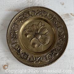 MaxSold Auction: Vintage Brass Wall Hanging Decorative Plate with Flower and Ornate Rim Design - Made in England - Kingston (Ontario, Canada) SELLER MANAGED Downsizing Online Auction - Bishop Street