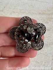 MaxSold Auction: Vintage Gray Metal Flower Pin Brooch with Mixed Rhinestones  - Kingston (Ontario, Canada) SELLER MANAGED Downsizing Online Auction - Bishop Street