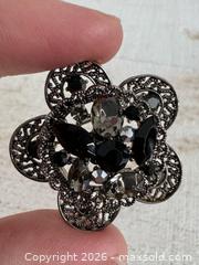 MaxSold Auction: Vintage Gray Metal Flower Pin Brooch with Mixed Rhinestones  - Kingston (Ontario, Canada) SELLER MANAGED Downsizing Online Auction - Bishop Street