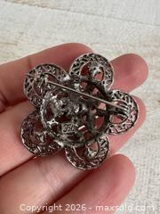 MaxSold Auction: Vintage Gray Metal Flower Pin Brooch with Mixed Rhinestones  - Kingston (Ontario, Canada) SELLER MANAGED Downsizing Online Auction - Bishop Street